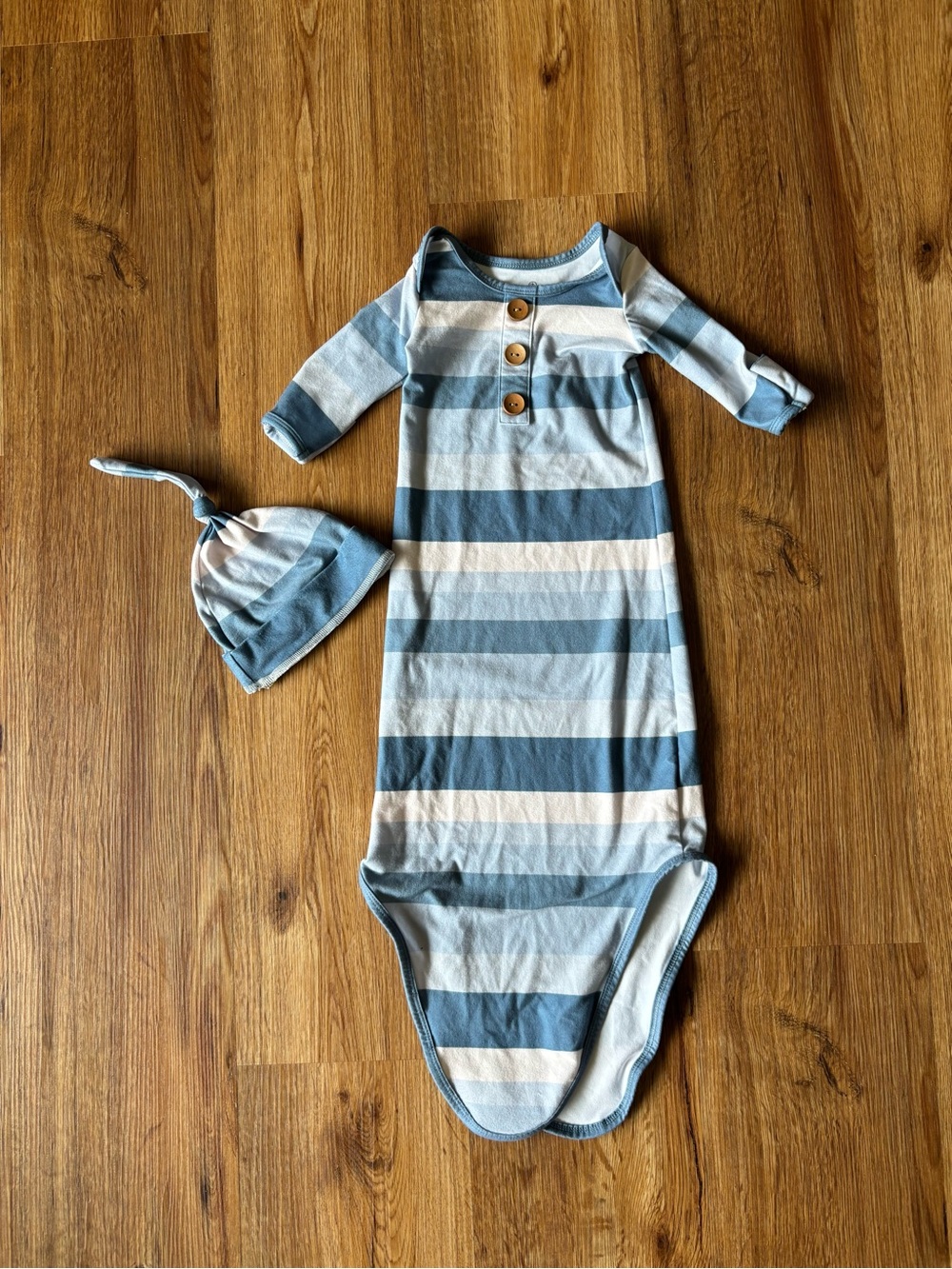 Caden Lane Striped Blue and Cream Baby Knotted Gown with Knot Hat